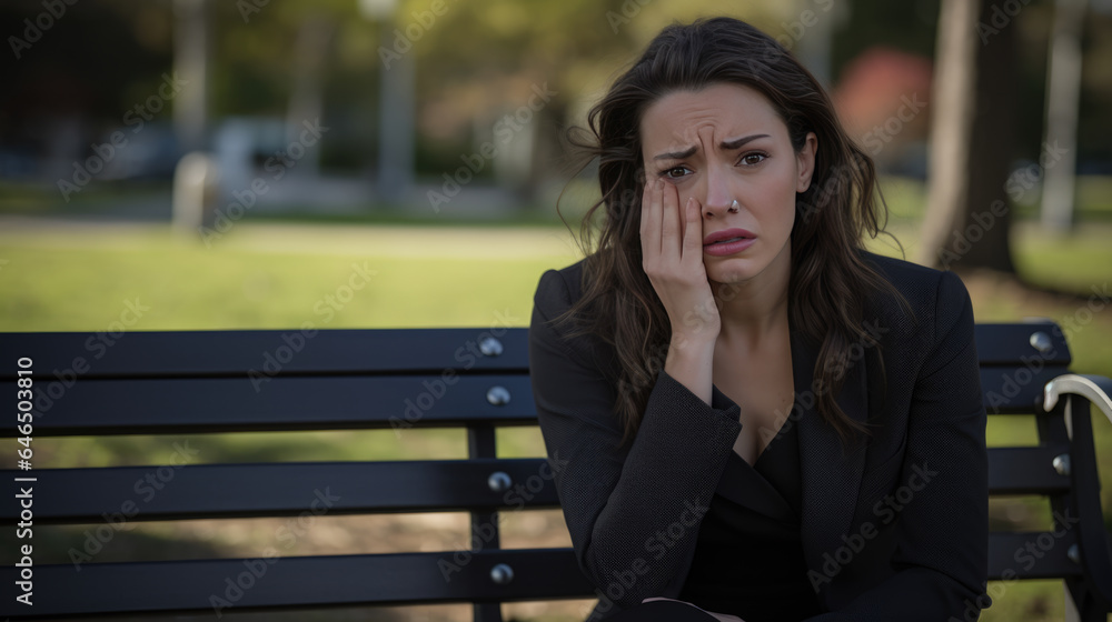 Fototapeta premium Businesswoman in depression sitting on bench in the park outdoors suffering from overwork, stress, job loss