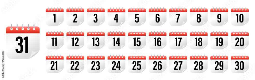 Calendar icons collection 1, 2, 3, 4, 5, 6, 7, 8, 9, 10, 11, 12, 13, 14, 15, 16, 17, 18, 19, 20, 21, 22, 23, 24, 25, 26, 27, 28, 29, 30. All days of yea. Vector illustration Calendar icons collection 1, 2, 3, 4, 5, 6, 7, 8, 9, 10, 11, 12, 13, 14, 15, 16, 17, 18, 19, 20, 21, 22, 23, 24, 25, 26, 27, 28, 29, 30. All days of yea. Vector illustration
