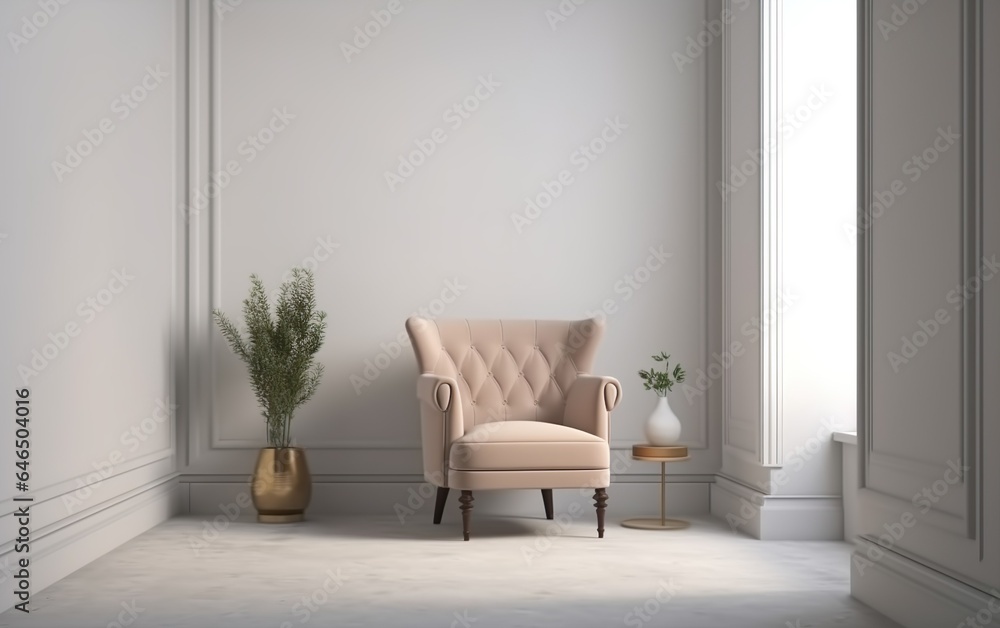 Fototapeta premium The interior has a armchair on empty white wall background. AI, Generative AI