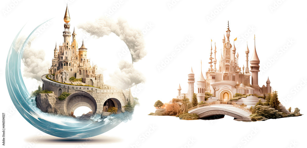 Set of fantasy castles, isolated on transparent background. Fairytale illustration - obrazy, fototapety, plakaty 