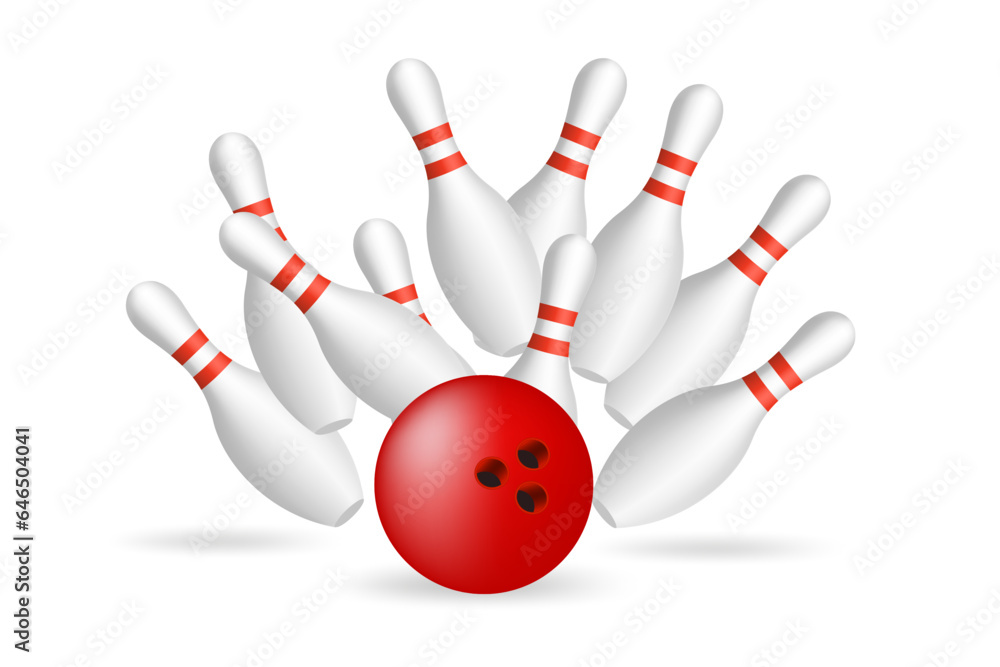 Red Bowling Ball crashing into the pins. Illustration of bowling strike isolated on white background. Vector Template for poster of Sport competition or Tournament. Vector illustration Red Bowling Ball crashing into the pins. Illustration of bowling strike isolated on white background. Vector Template for poster of Sport competition or Tournament. Vector illustration
