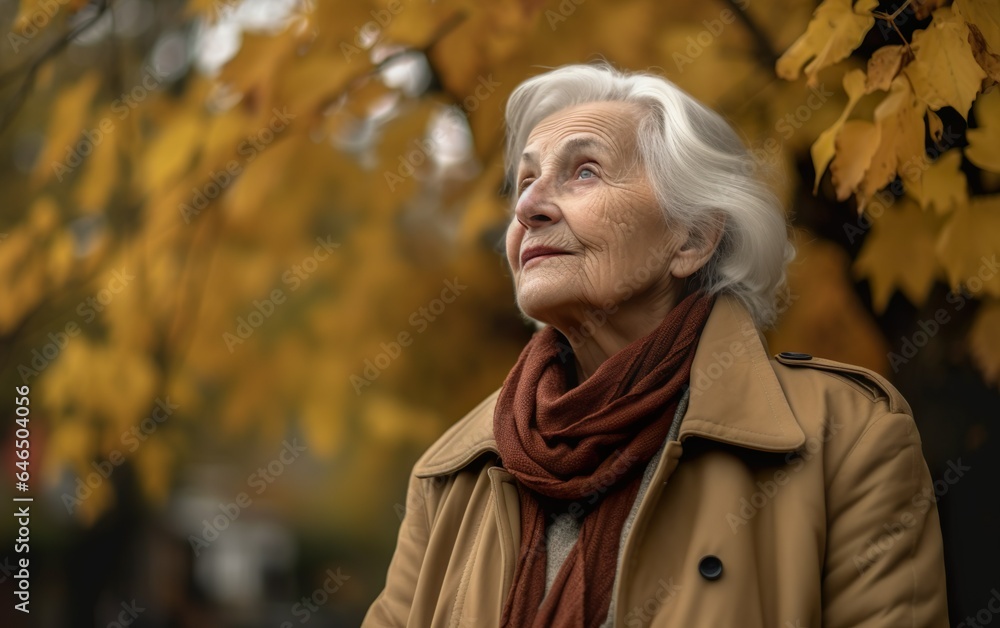 Thoughtful woman in jacket looking up in the autumn park. AI, Generative AI Thoughtful woman in jacket looking up in the autumn park. AI, Generative AI