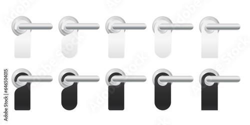 Door hangers on metal handles mockup set. Blank paper or plastic empty labels of various shapes for hotel doorknob room, dont disturb signs, messages on entrance knobs, mock up. Vector illustration