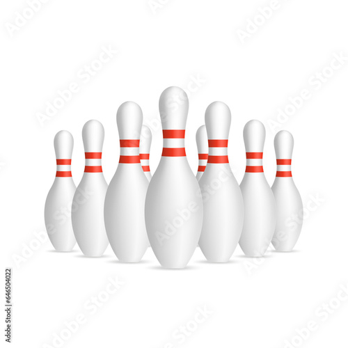 Group of bowling pins. Skittles with red stripes. Sport competitions. Activity and fun game. Isolated on white background. Vector illustration