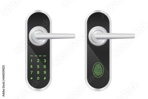 Modern design door locks in set. Realistic Digital Door Handle with Electronic Lock. Safety security automatic digital room door lock with fingerprint. Vector illustration