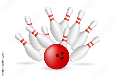 Red Bowling Ball crashing into the pins. Illustration of bowling strike isolated on white background. Vector Template for poster of Sport competition or Tournament. Vector illustration