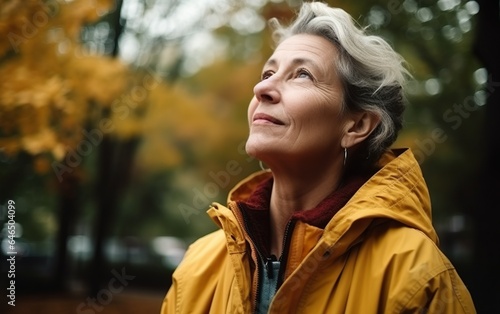 Thoughtful woman in jacket looking up in the autumn park. AI  Generative AI