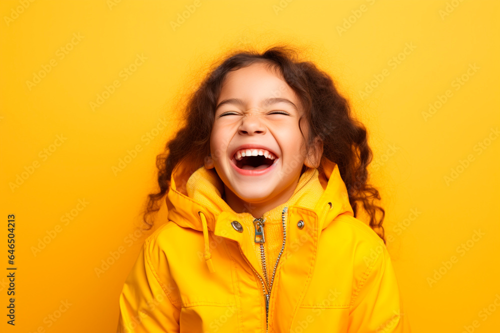 a little girl with pigtails laughing on yellow background. happy childhood concept. enjoy
