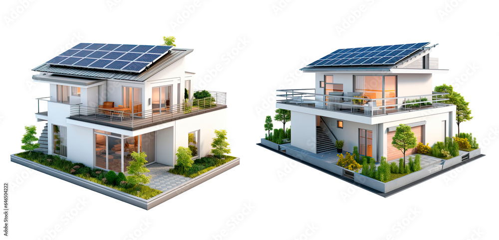 Set of modern house with solar panels, isolated on transparent background Set of modern house with solar panels, isolated on transparent background
