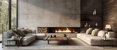 Minimalist style interior design of modern living room with fireplace, decoration and concrete walls