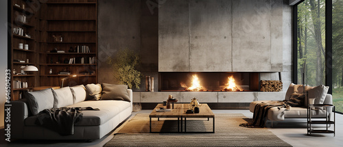 Minimalist style interior design of modern living room with fireplace, decoration and concrete walls