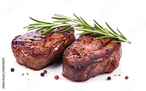 Three delicious beef steaks with rosemary and meat. AI, Generative AI