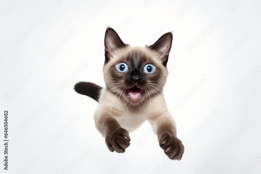 Cute siamese cat jumping towards the camera with a delighted look