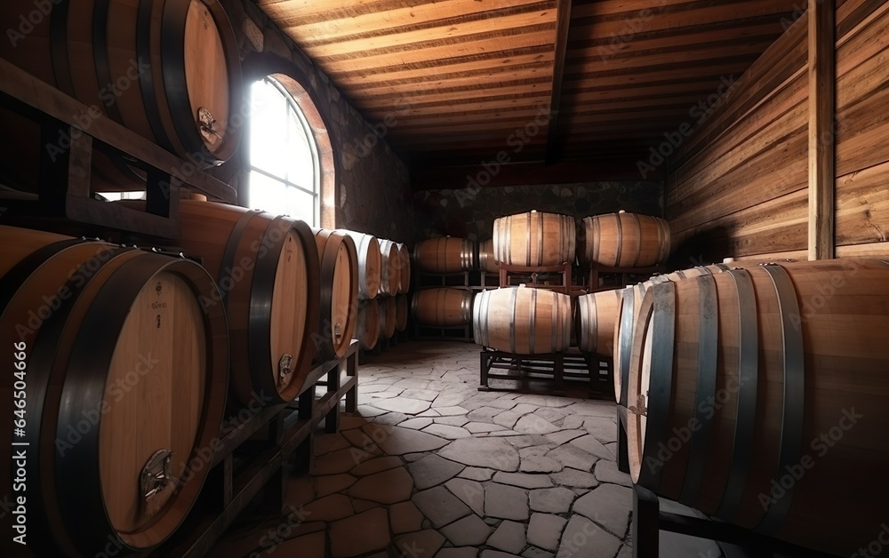 Winery with wine wooden barrels. AI, Generative AI
