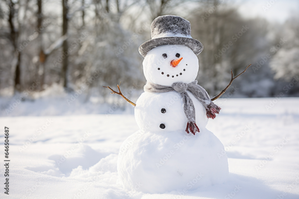 Christmas Theme Background with Snowman at Sunrise/Sunset, Generative AI