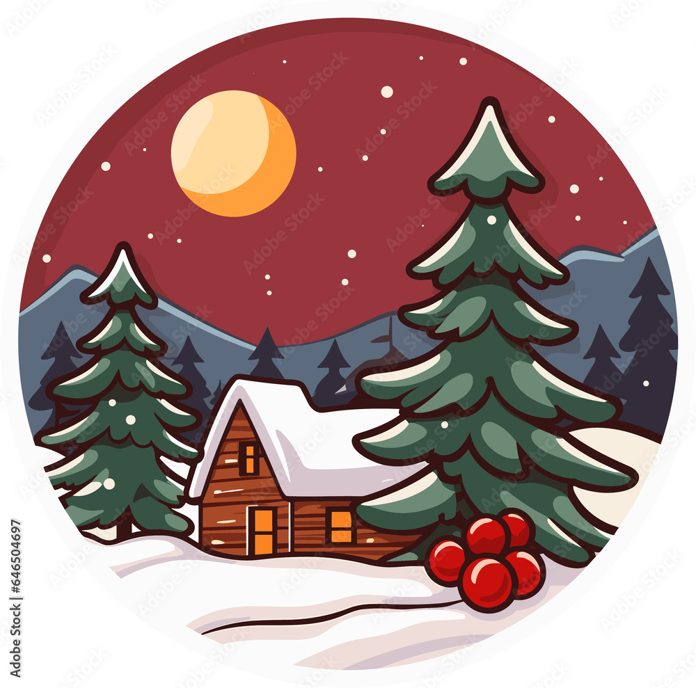 Round Christmas Sticker, Illustration for Christmas