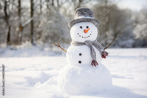 Christmas Theme Background with Snowman at Sunrise/Sunset, Generative AI © illuminating images