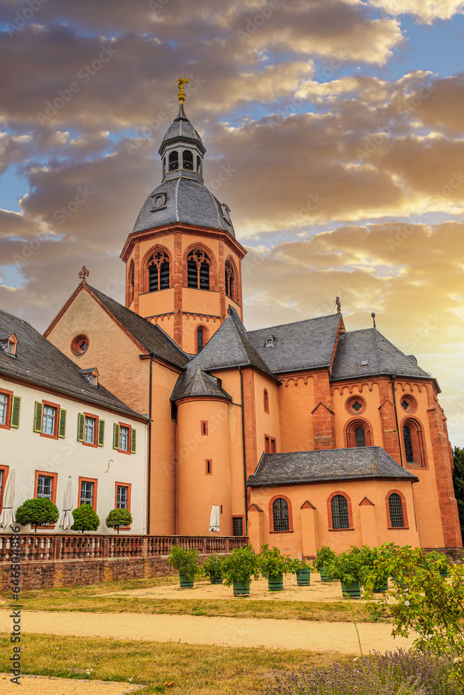 Ancient monastery, town Seligenstadt . Benedictine Abbey. Kloster and  herb garden. Germany.  Popular tourist landmark, tourism destination