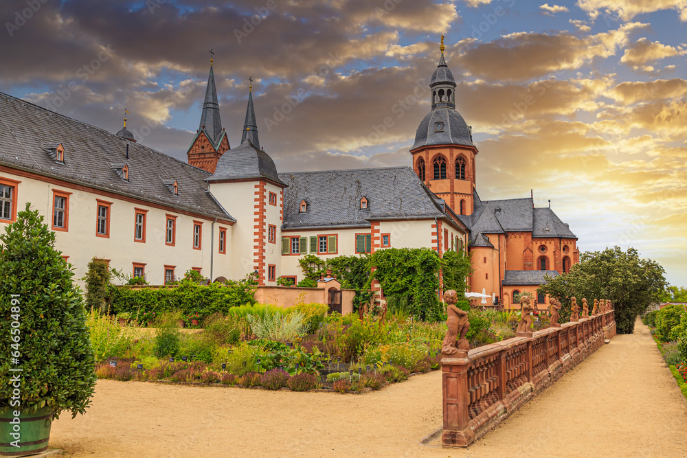 Ancient monastery, town Seligenstadt . Benedictine Abbey. Kloster and herb garden. Germany. Popular tourist landmark, tourism destination Ancient monastery, town Seligenstadt . Benedictine Abbey. Kloster and herb garden. Germany. Popular tourist landmark, tourism destination