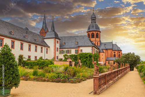 Ancient monastery, town Seligenstadt . Benedictine Abbey. Kloster and  herb garden. Germany.  Popular tourist landmark, tourism destination