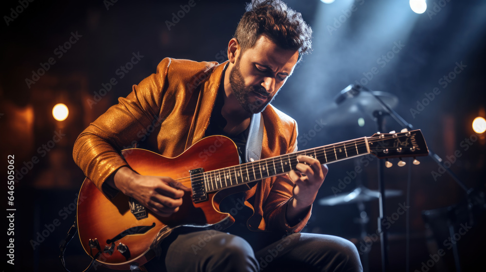 Obraz premium Male musician playing guitar at a rock concert
