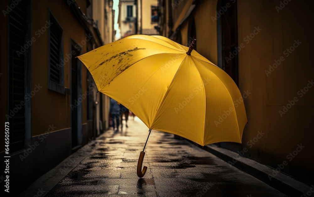 Yellow umbrella in the rain. AI, Generative AI