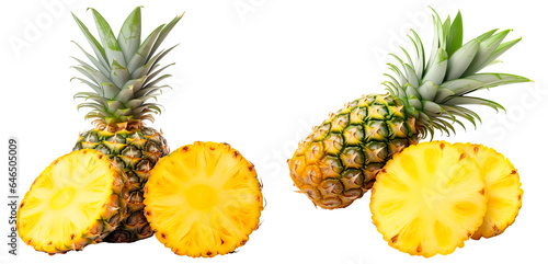 Set of pineapple slices and whole, isolated on transparent background 