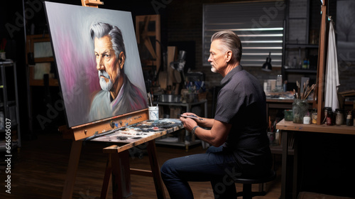 Male artist working on painting in his studio