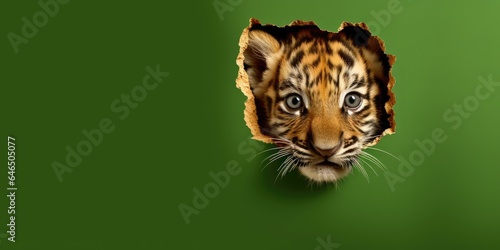 Cute Tiger peeking out of a hole in wall  torn hole  empty copy space frame  mockup. Generative AI image weber.