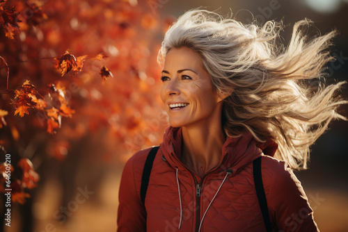an elderly woman with long white hair in an autumn park with hair flutters in the wind