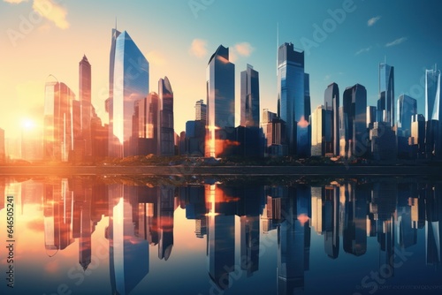 A city downtown with buildings reflecting in the sun © olegganko