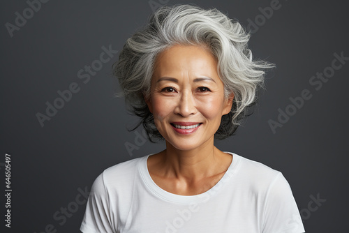 senior Asian woman with white gray hair in a white T-shirt against the gray background