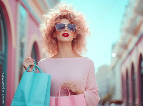 Beaitufil girl with shopping bag against vivid background