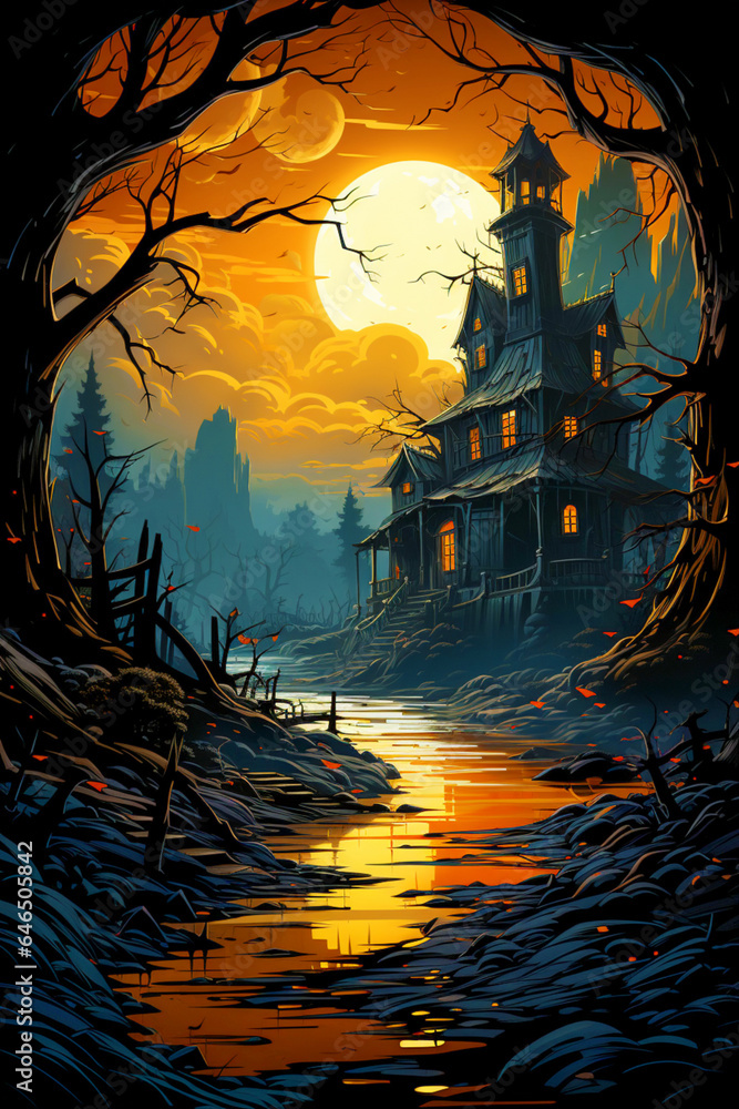 A mysterious forest and an old wooden house under a big moon. Happy Halloween