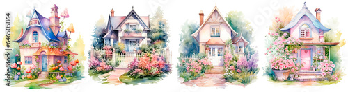 Set of watercolor house in the garden, in gentle pastel colors,  isolated on transparent background © juliiapanukoffa