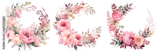  Set of watercolor floral illustration, isolated on transparent background. Pink flowers and eucalyptus greenery bouquet. Dusty roses, soft light blush peony, border, wreath, frame, invitation, desing