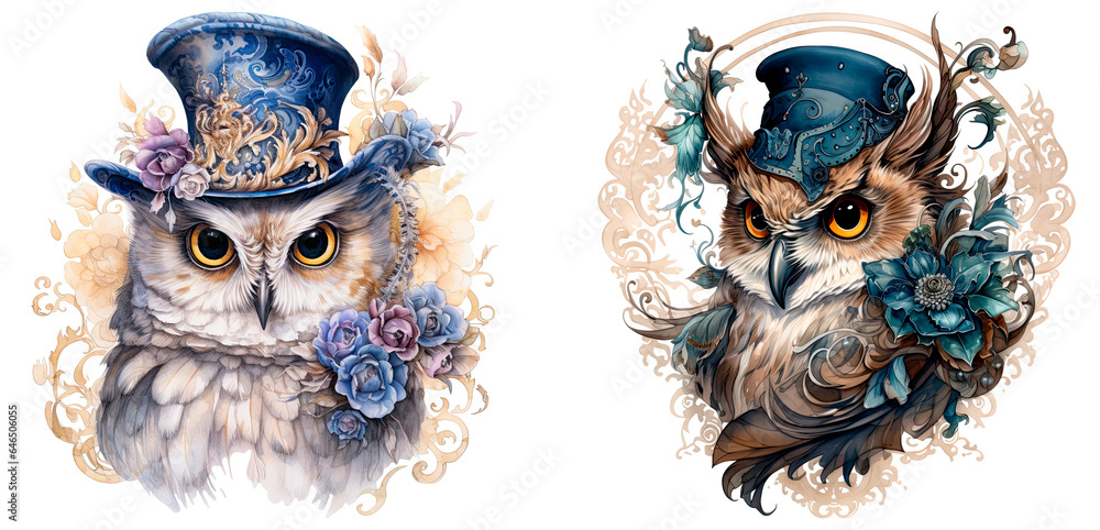 Set of watercolor rococo owl in hats and with flowers, isolated on transparent background