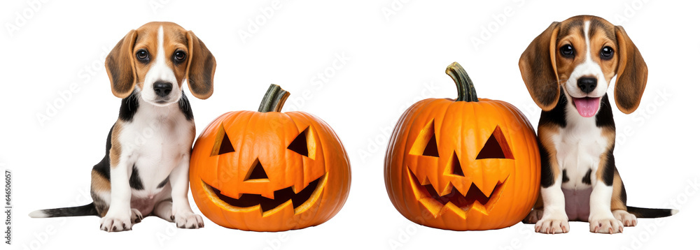 Obraz premium Funny beagle dog with Halloween pumpkin isolated on transparent background cutout, Kitten and pumpkin on white. Halloween holidays, copy space