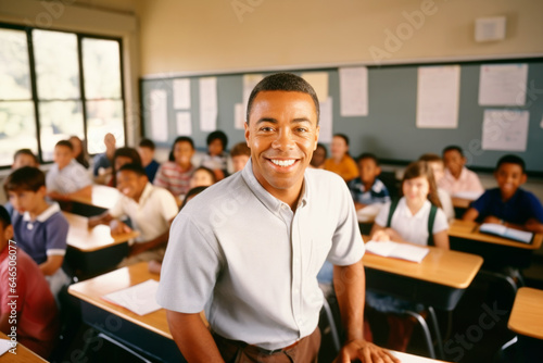 Portrait of a teacher smiling in a classroom