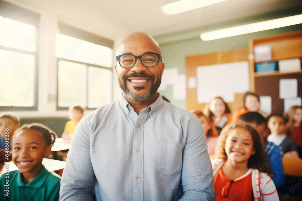 Portrait of a teacher smiling in a classroom Portrait of a teacher smiling in a classroom