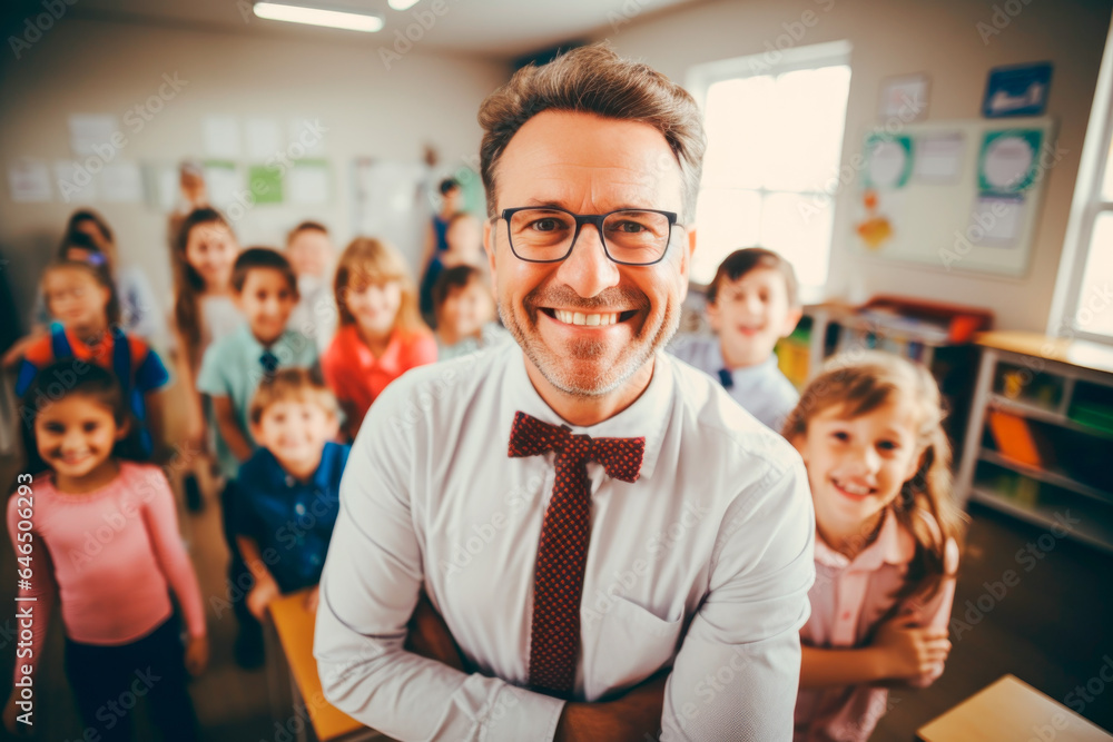 Portrait of a teacher smiling in a classroom