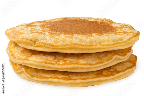 Stack of three pancakes isolated on white. No topping.