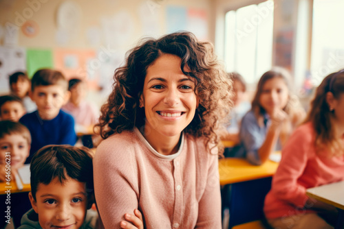 Teacher's happiness radiates in this classroom portrait
