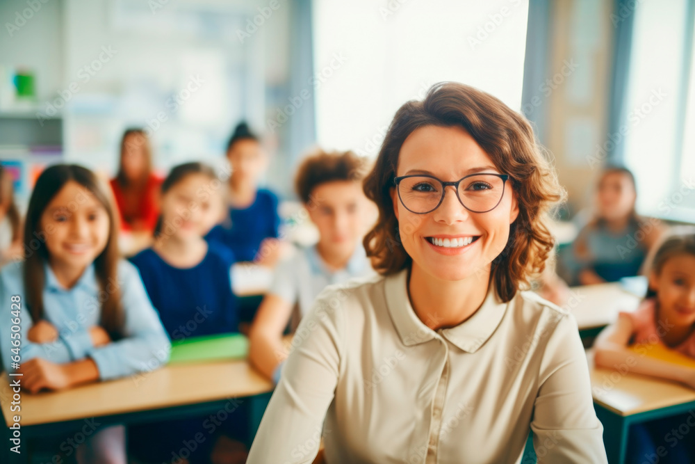 Portrait of a teacher smiling in a classroom Portrait of a teacher smiling in a classroom