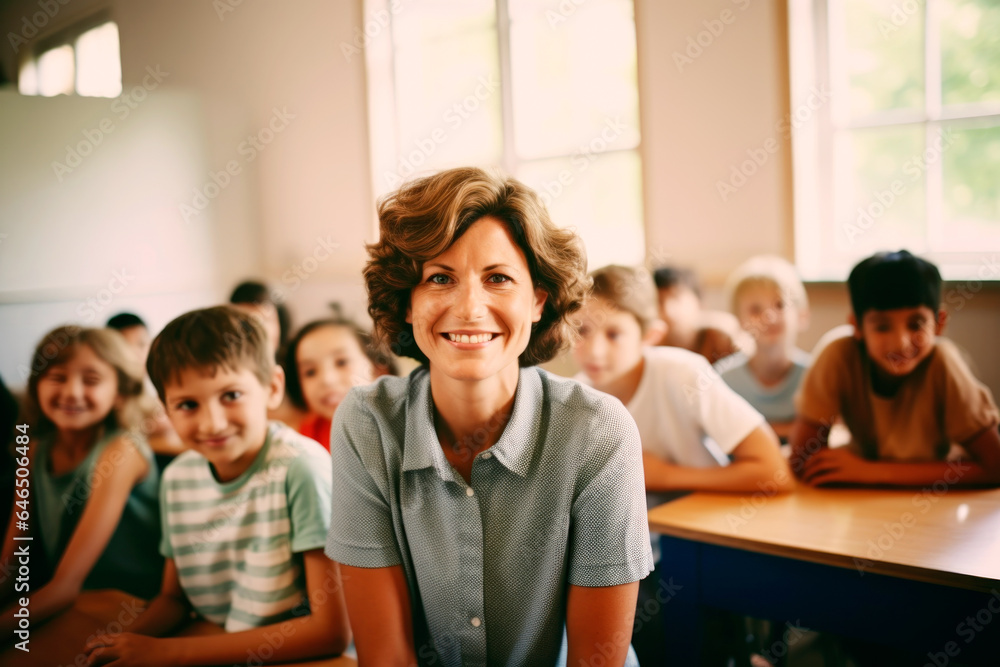 Obraz premium Dedicated teacher shares a moment of happiness in school.