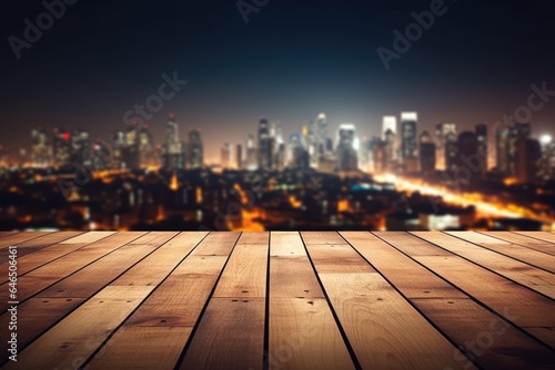 Wood table top with blurred abstract background of city night lights downtown city view. Wooden table with blur background of cityscape © Sarinrata