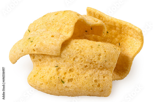 Pile of lentil chips isolated on white.