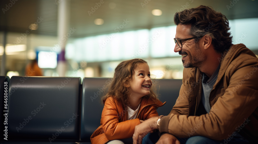 Father and child smile while waiting for an airplane in the airport waiting area Father and child smile while waiting for an airplane in the airport waiting area