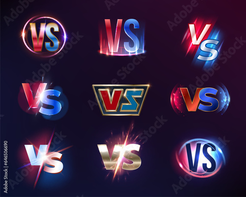 Vs or versus vector sign, game or sport confrontation symbols set with blue and red neon glow. Sports game, fight or battle competition challenge, martial arts combat or challengs emblems or labels photo