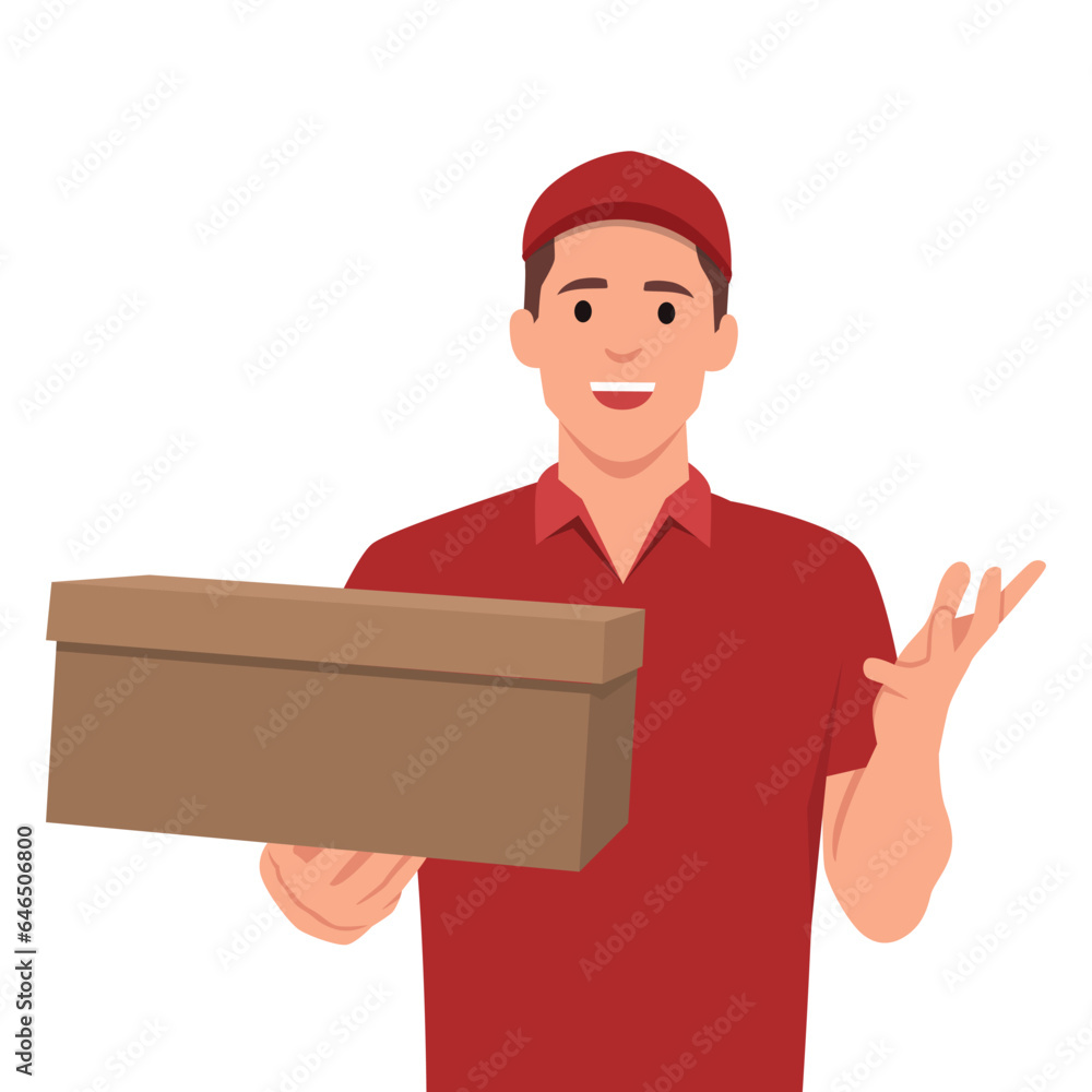 Courier with the parcel. A delivery man in red uniform holds a ...